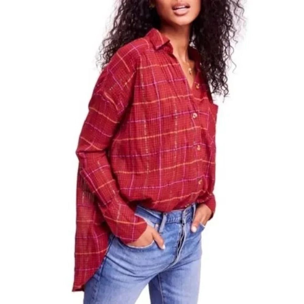 Free People Break My Stride Button Down Plaid Long Sleeve Top